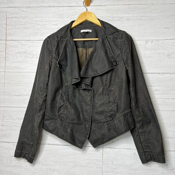 CAbi Jackets & Blazers - Cabi Jacket Womens Size Medium Black Faded Waxed 100% Linen Cropped Ruffle